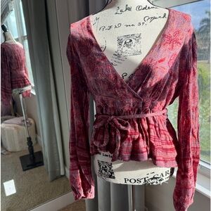 Free People Printed Wrap Long Sleeve Women’s Blouse | Boho Peplum Top | XS